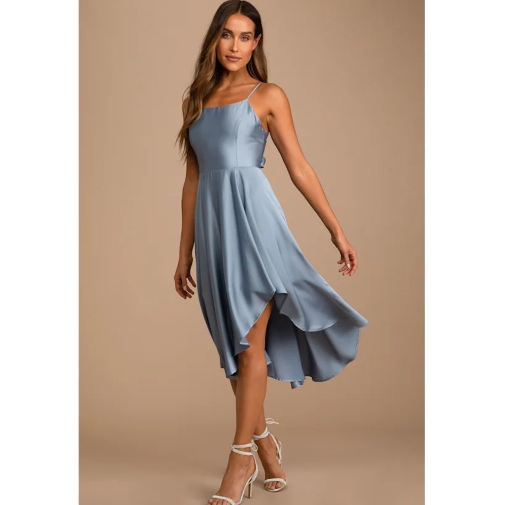 Lulus Days Like Today Blue Satin Asymmetrical High-Low Tie-Back Midi Dress XL
